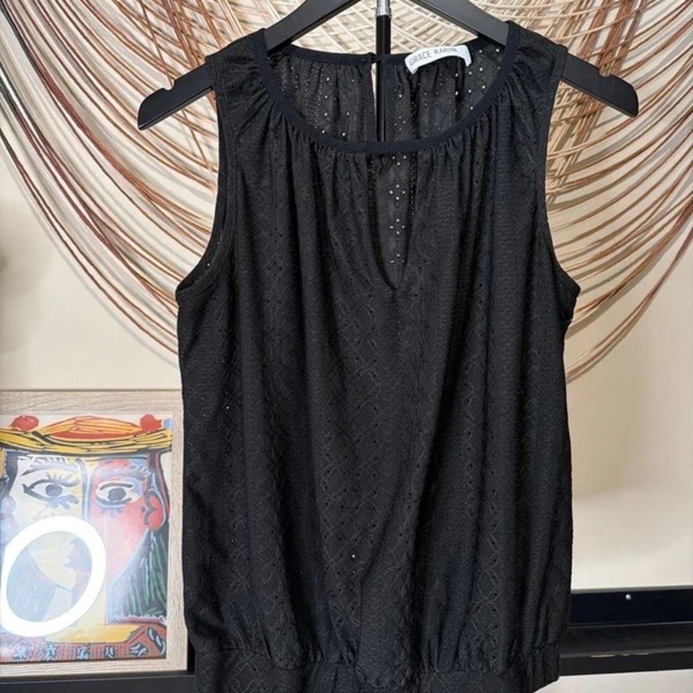 Grace Karin Black Sleeveless Eyelet Camisole Top
